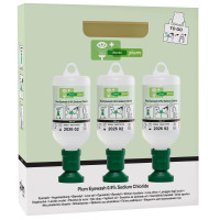 Płuczka do oczu Plum 0,9% NaCl — 3×500 ml zestaw przenośny