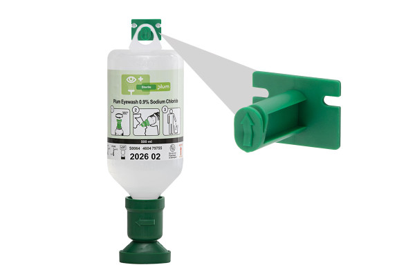 Płuczka do oczu Plum 0,9% NaCl — 500 ml (w pudełku, z uchwytem ściennym)