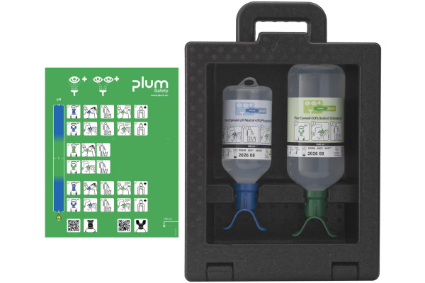 Zestaw do płukania oka Plum iBox 2 — 500 ml pH Neutral + 1000 ml 0,9% NaCl (DUO)