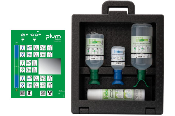 Zestaw do płukania oka Plum iBox 3 — pH Neutral 200 ml + NaCl 500 ml (eyecup) + 1000 ml (DUO) + Spray 250 ml