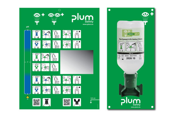 Zestaw do płukania oka Plum 0,9% NaCl — 500 ml otwarta stacja naścienna