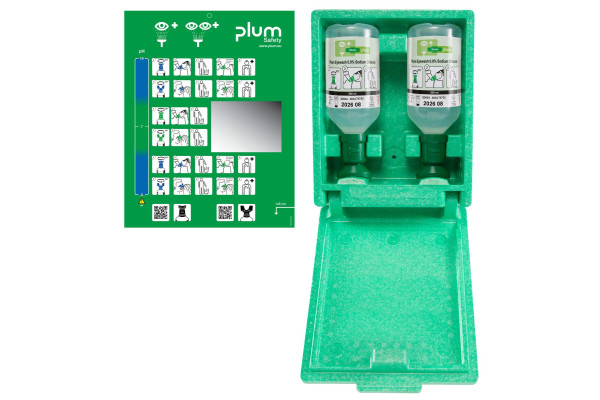 Zestaw do płukania oka Plum 0,9% NaCl — 2×500 ml (pyłoszczelny box)