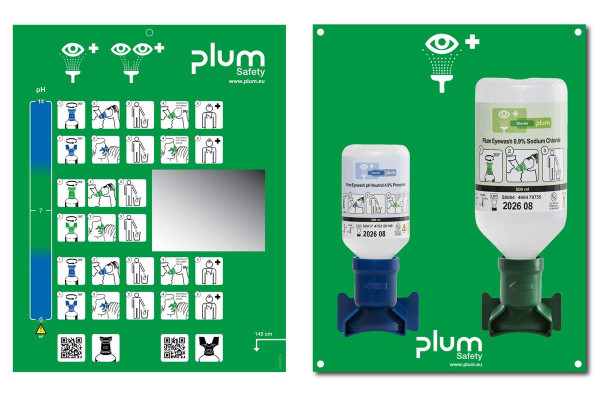 Zestaw do płukania oka Plum 0,9% + pH Neutral — 200 ml + 500 ml (otwarta stacja naścienna)