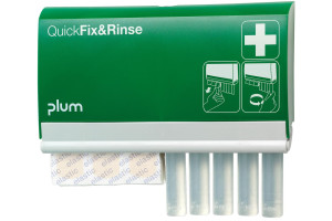 Dozownik z ampułkami do oczu i plastrami Plum QuickFix & Rinse — 5×20 ml 0,9% NaCl, 45 plastrów