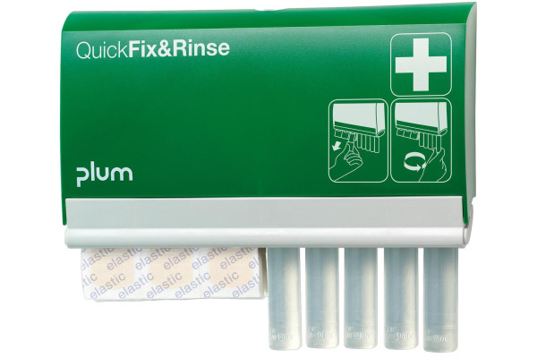 Dozownik z ampułkami do oczu i plastrami Plum QuickFix & Rinse — 5×20 ml 0,9% NaCl, 45 plastrów