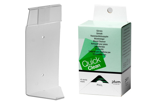 Dozownik Plum QuickClean — 40 chusteczek do oczyszczania ran (wieszak ścienny, CE)